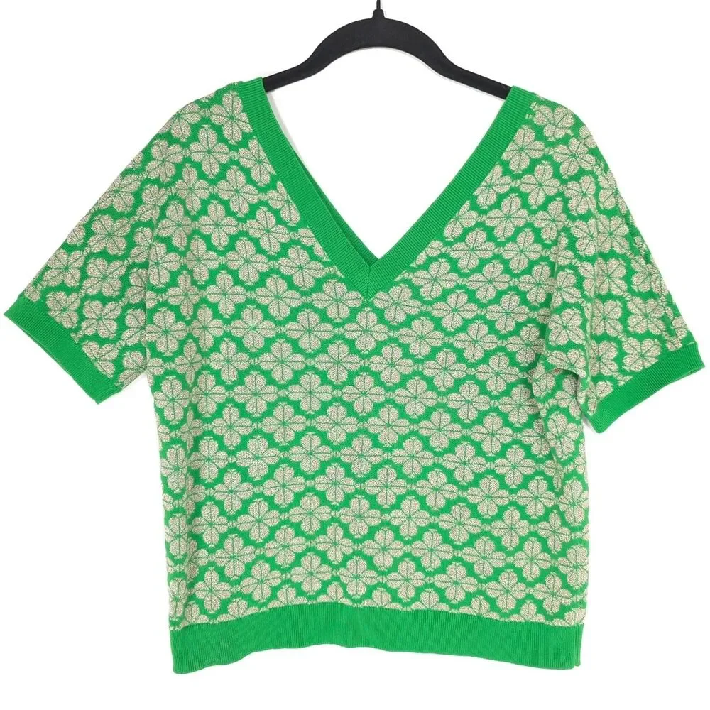 KATE SPADE Green Clover Metallic Sweater‎ Top Blouse V Neck MEDIUM NJMU A608